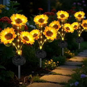 Freshaction Upgraded Solar Sunflower Lights, 4-Pack Solar Garden Lights with Bigger Round P…