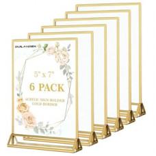 Duilahren 6 Pack Acrylic Sign Holder 5 x 7, Double Sided Gold Picture Frame Stand up Table Top Sign Hol…