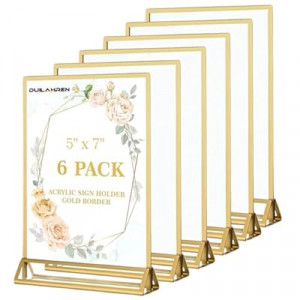 Duilahren 6 Pack Acrylic Sign Holder 5 x 7, Double Sided Gold Picture Frame Stand up Table Top Sign Hol…
