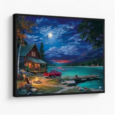 Lakefront Cabin Wall Art – 24x18 Inch Rustic Lake Scene with Vintage Truck & Campfire, Framed Canvas Print (…