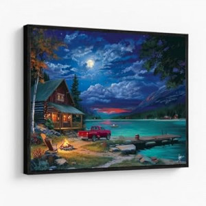 Lakefront Cabin Wall Art – 24x18 Inch Rustic Lake Scene with Vintage Truck & Campfire, Framed Canvas Print (…