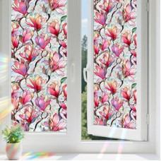 Aomkmi Window Privacy Film Set of 2, Stain Glass Window Film for Glass, Pink Floral Privacy Decal Stickers fo…