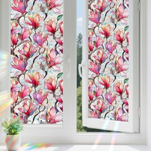 Aomkmi Window Privacy Film Set of 2, Stain Glass Window Film for Glass, Pink Floral Privacy Decal Stickers fo…