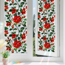 Aomkmi Red Rose Stained Glass Window Film 2Pcs Static Cling Privacy UV Blocking, Removable Floral Dec…