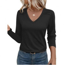 JUSTFASHIONNOW Pleated Long Sleeve Shirts for Women V Neck Dressy Casual Business Blouses Fall…