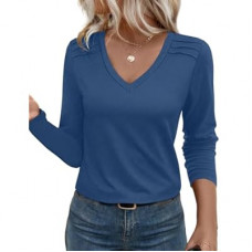 JUSTFASHIONNOW Pleated Long Sleeve Shirts for Women V Neck Dressy Casual Business Blouses Fall…