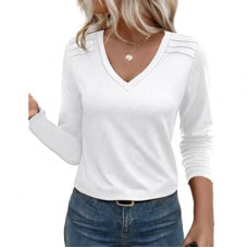 JUSTFASHIONNOW Pleated Long Sleeve Shirts for Women V Neck Dressy Casual Business Blouses Fall…