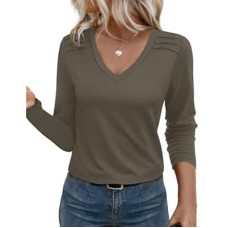 JUSTFASHIONNOW Pleated Long Sleeve Shirts for Women V Neck Dressy Casual Business Blouses Fall…