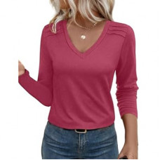 JUSTFASHIONNOW Pleated Long Sleeve Shirts for Women V Neck Dressy Casual Business Blouses Fall…