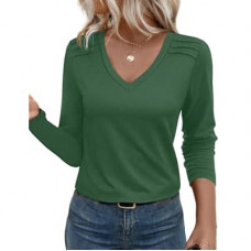 JUSTFASHIONNOW Pleated Long Sleeve Shirts for Women V Neck Dressy Casual Business Blouses Fall…