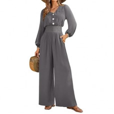 LOOKBOHO Womens Jumpsuits Long Sleeve V Neck Dressy Casual 2026 High Waist Romper Wide Leg Pants…
