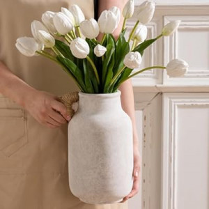 Ceramic Flower Vase Home Decor - 10.6 inch Tall Large White Rustic Table Flowers Vases with Handle Li…