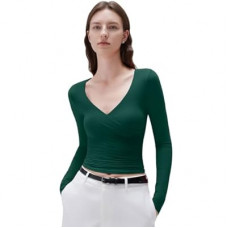 SUUKSESS Women Sexy V Neck Long Sleeve Shirts Double Lined Wrap Going Out Tops