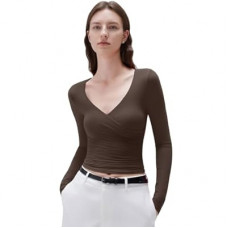 SUUKSESS Women Sexy V Neck Long Sleeve Shirts Double Lined Wrap Going Out Tops