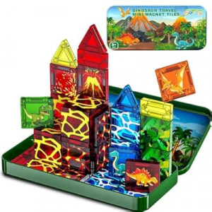 SKTMYY Mini Magnetic Tiles,Dinosaur Themed Travel Magnetic Tiles Set with Iron Box for Kids Ages 3+,Car…
