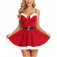 Santa Dress for Women Christmas Costume with Fur Trim, Deep V-Neck, Adjustable Straps, Belt, Santa Outfi…