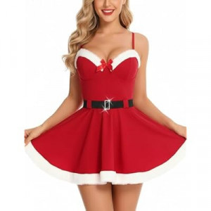 Santa Dress for Women Christmas Costume with Fur Trim, Deep V-Neck, Adjustable Straps, Belt, Santa Outfi…