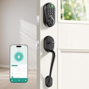 IRONZON Keyless Entry Door Lock with Handles Set Fingerprint Smart Door Lock with Keypad, Black Zinc…