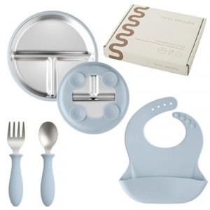 TOTS GROUND Stainless Steel Toddler Feeding Set 4 Pieces – Suction Plate, Silicone Bib, Spoon &…
