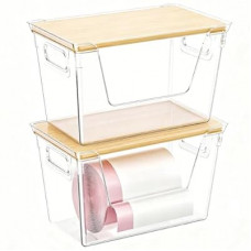 ShinyDew 2 Pack Trash Bag Dispenser with Bamboo Lid, Stackable Trash Bag Holder, Large Clear Garbage Ba…