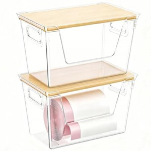 ShinyDew 2 Pack Trash Bag Dispenser with Bamboo Lid, Stackable Trash Bag Holder, Large Clear Garbage Ba…