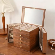 Palinna Walnut Wooden Jewelry Box,5-Layer Mirror,Velvet Jewelry Organizer with 11.8x7.8x10.4 Inche…