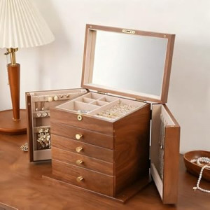 Palinna Walnut Wooden Jewelry Box,5-Layer Mirror,Velvet Jewelry Organizer with 11.8x7.8x10.4 Inche…