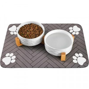 XIHAN Dog Bowls Set with Wood Stand & Mat Waterproof, 3.5 Cups Ceramic Dog Bowls Elevated for Me…
