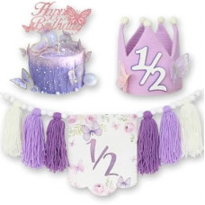 Purple Handmade Half Birthday Decorations, 6 Month Party Set with High Chair Banner, Hat & Cake Top…