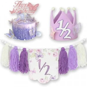 Purple Handmade Half Birthday Decorations, 6 Month Party Set with High Chair Banner, Hat & Cake Top…