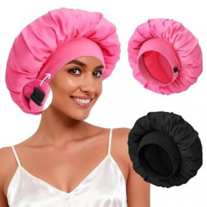 2Pcs Bonnet for Sleeping Women, Satin Adjustable Silk Hair Bonnet for Sleeping, Wide Band Sleep Caps for…