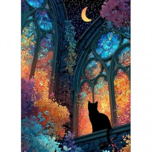 Teemosreal Puzzles for Adults 1000 Pieces, Stained Glass Cat Fantasy Night Moon Scene, Challenging Puz…