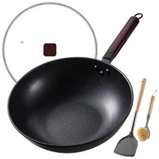 Teewe Carbon Steel Wok -13 Inch Woks & Stir-fry Pans Nonstick, Wok Pan with Glass Lid Spatula and Dish…
