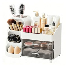 ShinyDew Makeup Organizer with Brush Holder for Vanity, Spacious Cosmetic Display Case with 2 Draw…