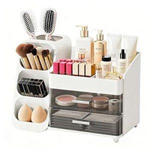 ShinyDew Makeup Organizer with Brush Holder for Vanity, Spacious Cosmetic Display Case with 2 Draw…