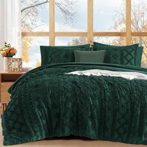 WRENSONGE Queen Size Comforter Set with Sheets - 7 Pieces Emerald Green Tufted Bed in a Bag Queen S…