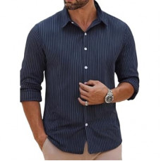 BAYAMO Men's Button-Down Striped Shirts Casual Long Sleeve Cotton Linen Collared Shirts Fashion Busin…