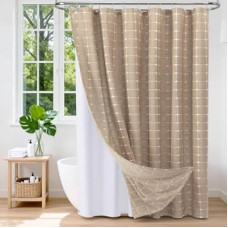 VANZAVANZU 3 in 1 Shower Curtain Set, Polyester and Linen Check Shower Curtain and Liner Set with…