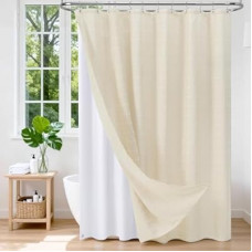 VANZAVANZU 3 in 1 Shower Curtain Set Beige, Polyester and Linen Check Shower Curtain and Liner Set with…
