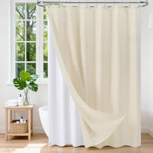 VANZAVANZU 3 in 1 Shower Curtain Set Beige, Polyester and Linen Check Shower Curtain and Liner Set with…