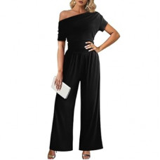 LOOKBOHO Women's Jumpsuits Dressy Casual Off Shoulder Jumpsuit Boat Neck Wide Leg Long Pant Ro…