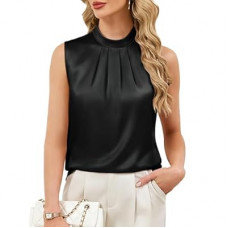 Funlingo Womens Satin Tank Tops Summer Sleeveless Mock Neck Dressy Blouses Pleated Work Shirts Busine…