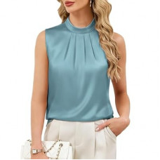 Funlingo Womens Satin Tank Tops Summer Sleeveless Mock Neck Dressy Blouses Pleated Work Shirts Busine…