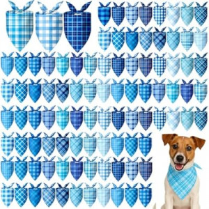 Abbylike 100 Pcs Plaid Dog Bandanas Bulk Blue Checkered Bandanas for Dogs Triangle Kerchief Bibs Scarf S…