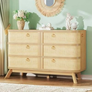 HUAHUU 6 Drawer Rattan Dresser for Bedroom, 43'' Fluted Modern Wooden Dresser with Metal Handles&Wood…