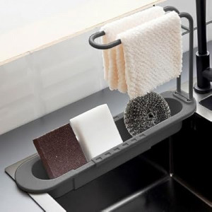 Adjustable Kitchen Sink Caddy with Towel Holder, Drain Strainer Sponge Holder with Hook for Hanging Brus…