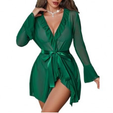 Avidlove Mesh Lingerie Robe Sets for Women Sexy Nightgown Long Sleeve Kimono Ruffle Nighty With Thong