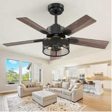 Vaczon Farmhouse Ceiling Fans with Lights and Remote, 42 Inch Black Caged Ceiling Fan, Indoor/Outdoor…