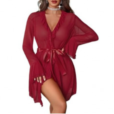 Avidlove Mesh Lingerie Robe Sets for Women Sexy Nightgown Long Sleeve Kimono Ruffle Nighty With Thong