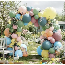 Pink Blue Green Balloon Arch Kit with Artificial Flowers, Double Stuffed Light Baby Yellow Pink Blue Green…
